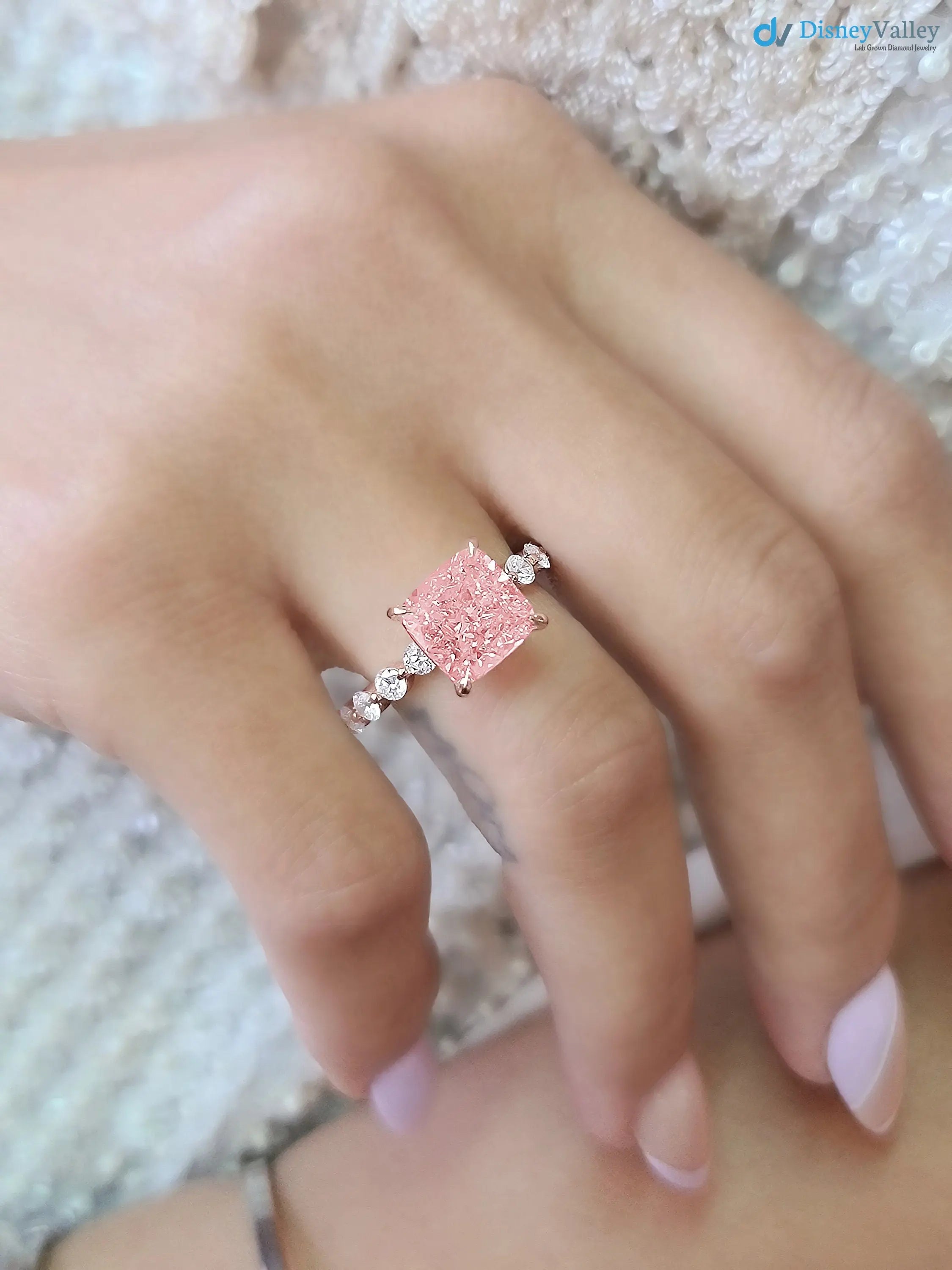 solid Rose Gold pink Cushion diamond engagement ring - DisneyValley