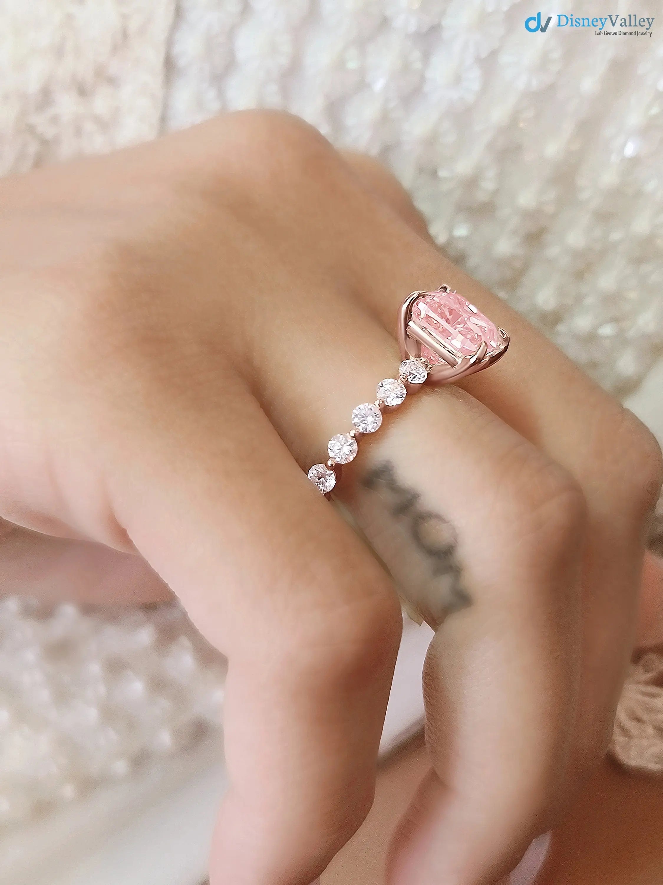 solid Rose Gold pink Cushion diamond engagement ring - DisneyValley
