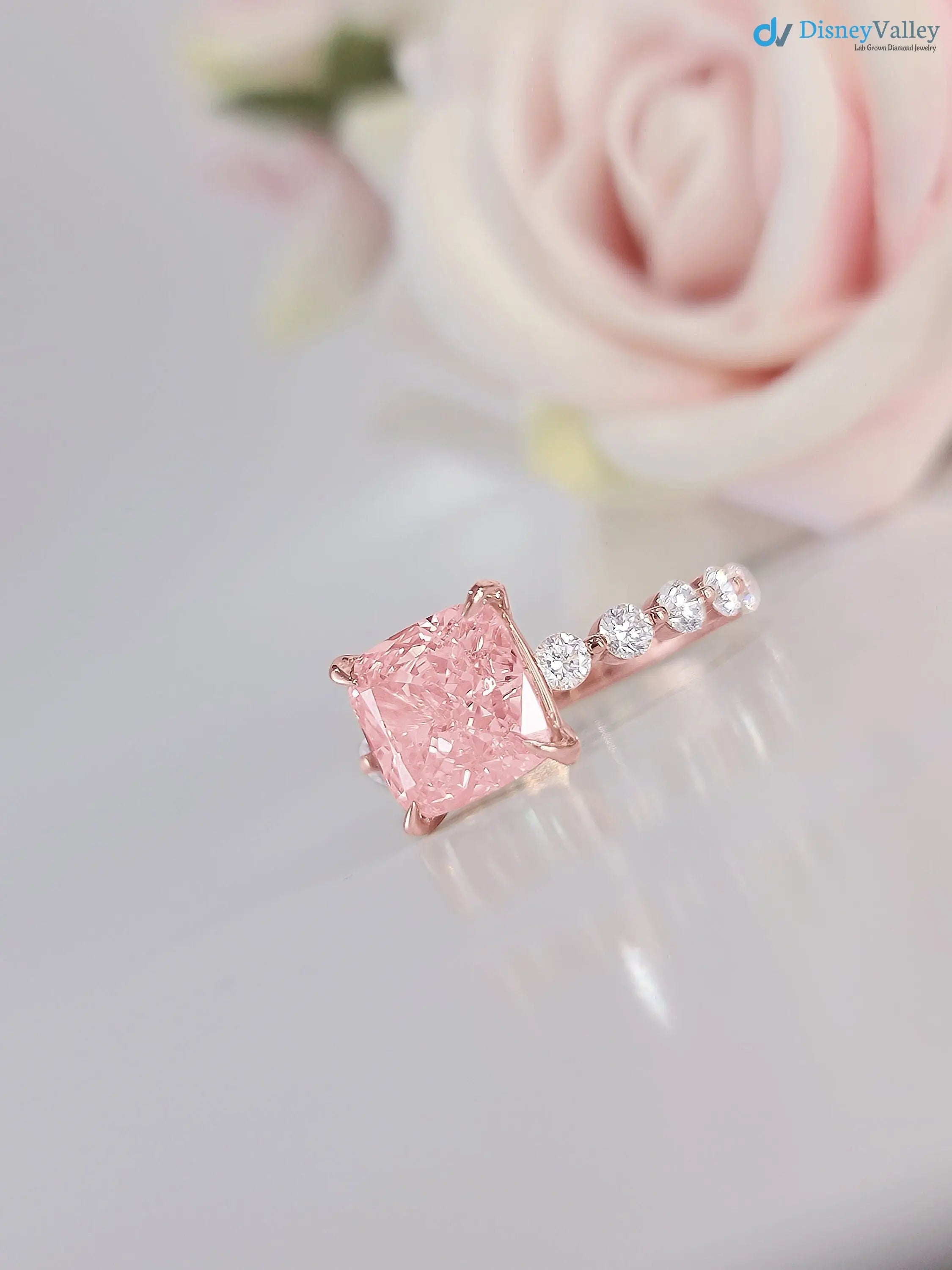 solid Rose Gold pink Cushion diamond engagement ring - DisneyValley