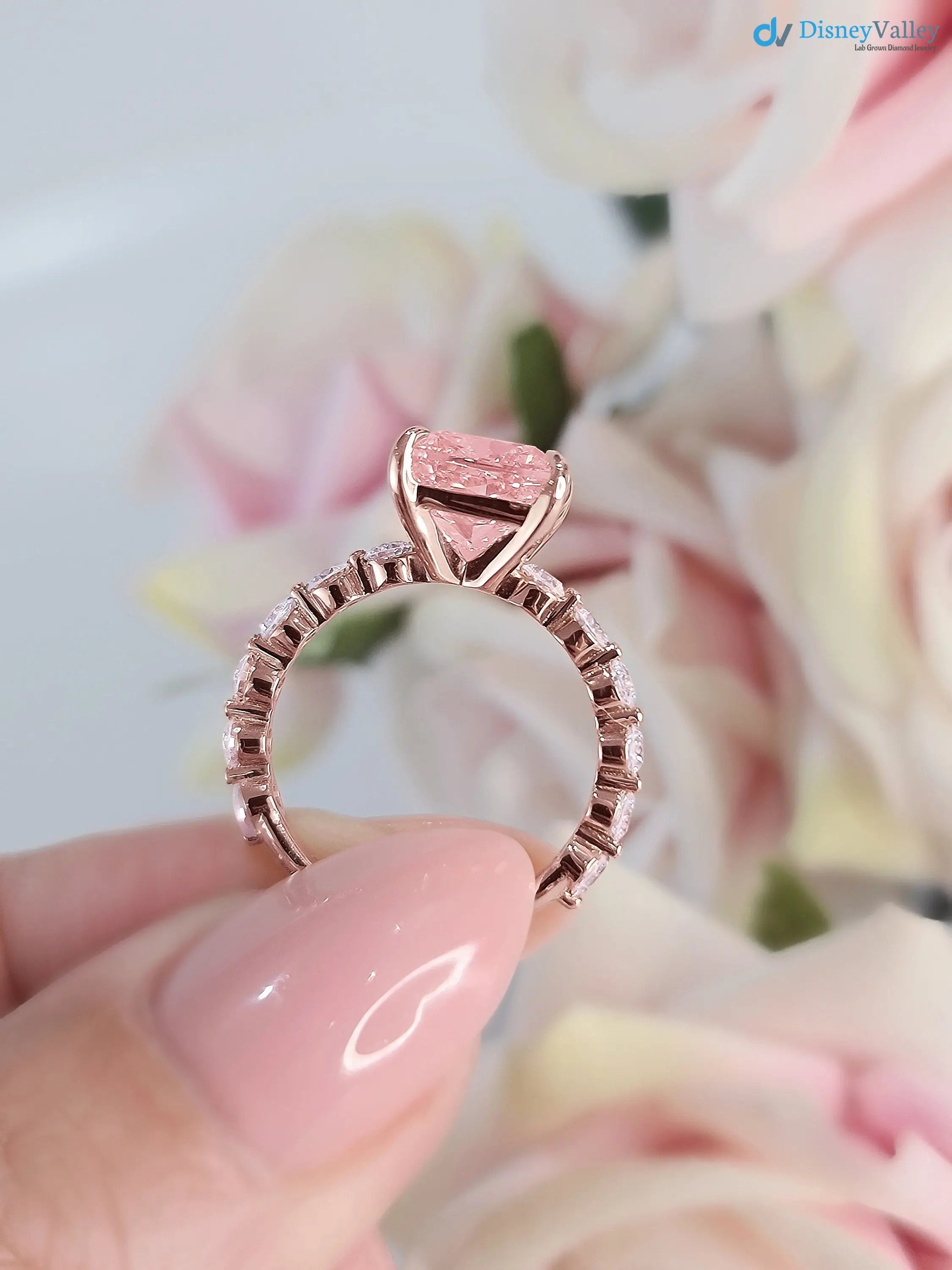 solid Rose Gold pink Cushion diamond engagement ring - DisneyValley