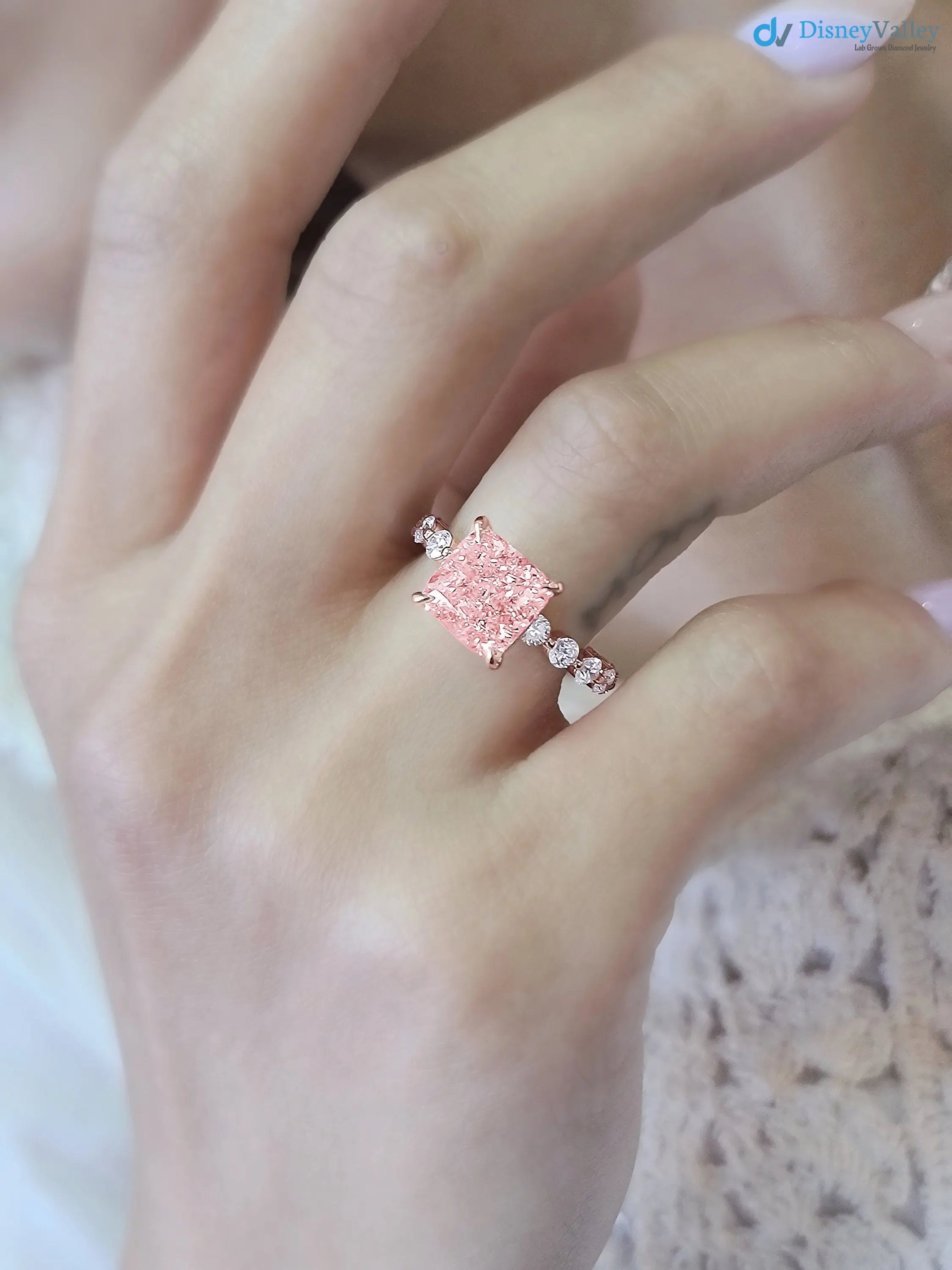 solid Rose Gold pink Cushion diamond engagement ring - DisneyValley