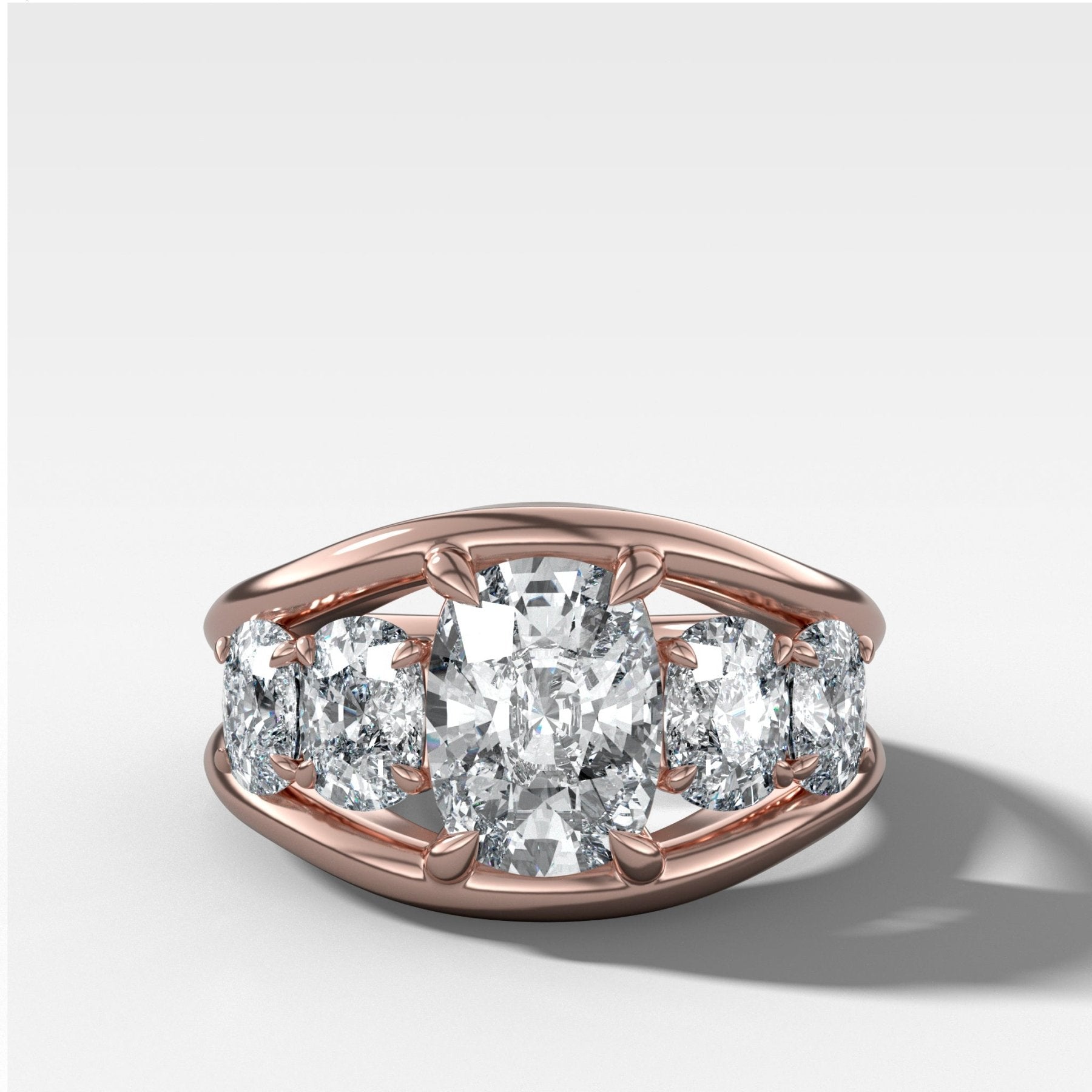 Split Channel Five Stone Engagement Ring With Elongated Cushion Cut Diamond