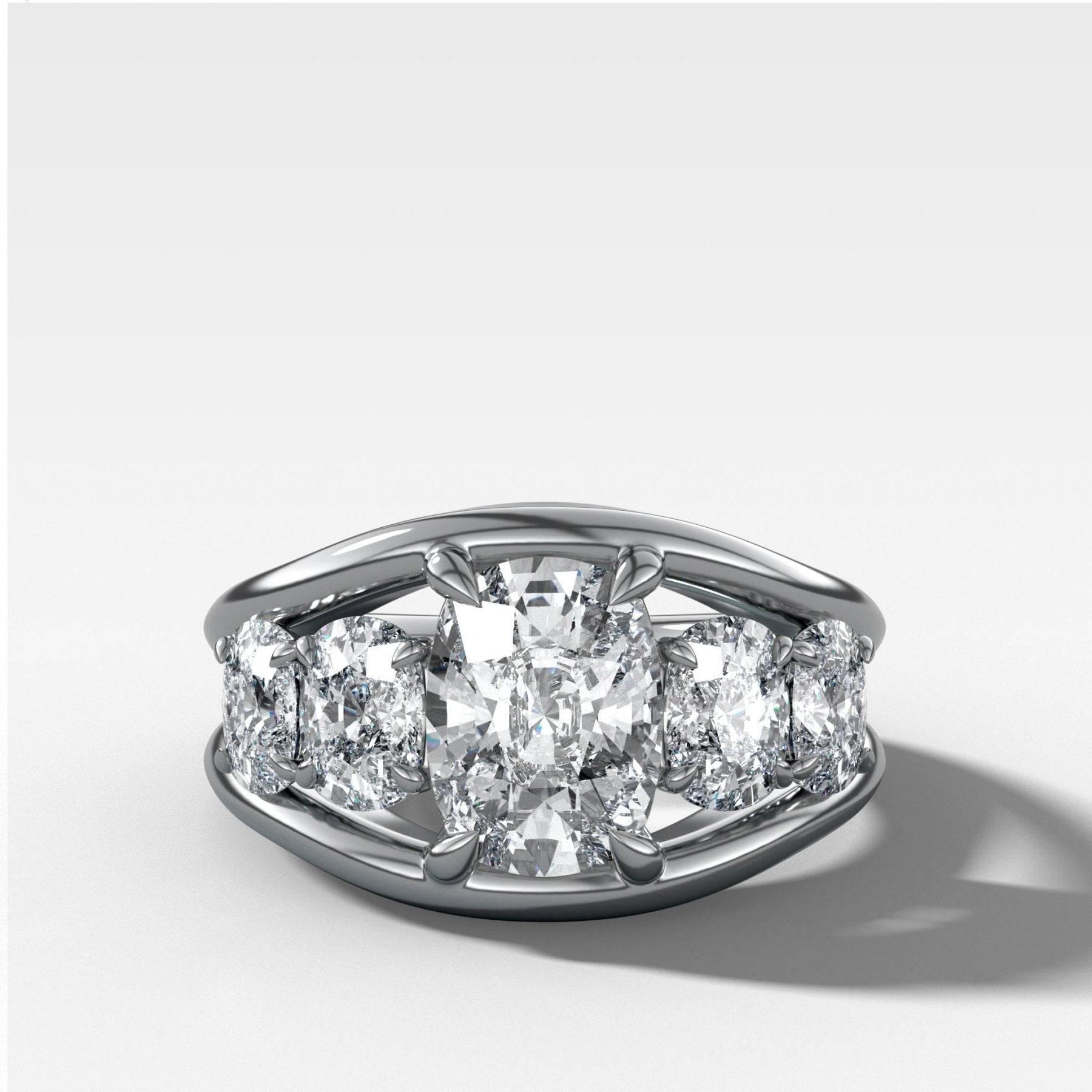 Split Channel Five Stone Engagement Ring With Elongated Cushion Cut Diamond