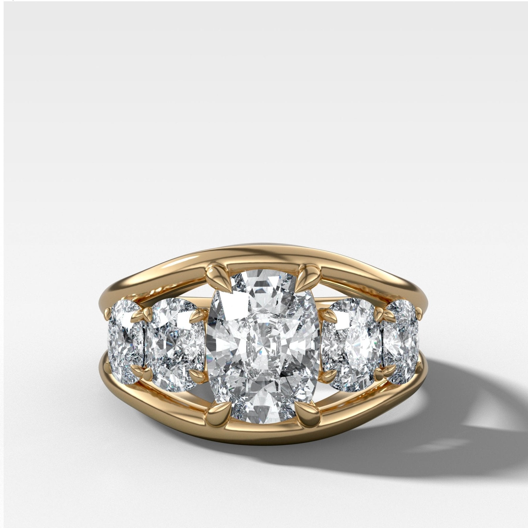 Split Channel Five Stone Engagement Ring With Elongated Cushion Cut Diamond