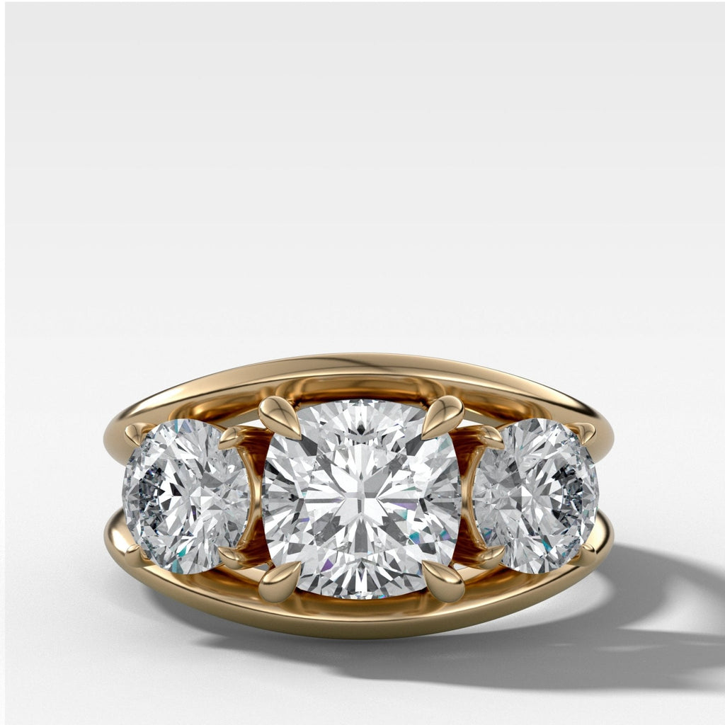 Split Channel Three Stone Engagement Ring With Square Cushion Cut Diamond