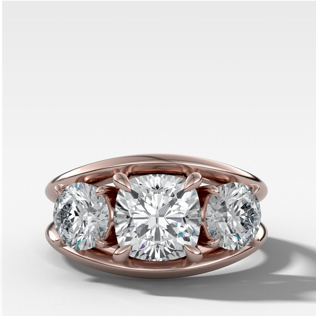 Split Channel Three Stone Engagement Ring With Square Cushion Cut Diamond