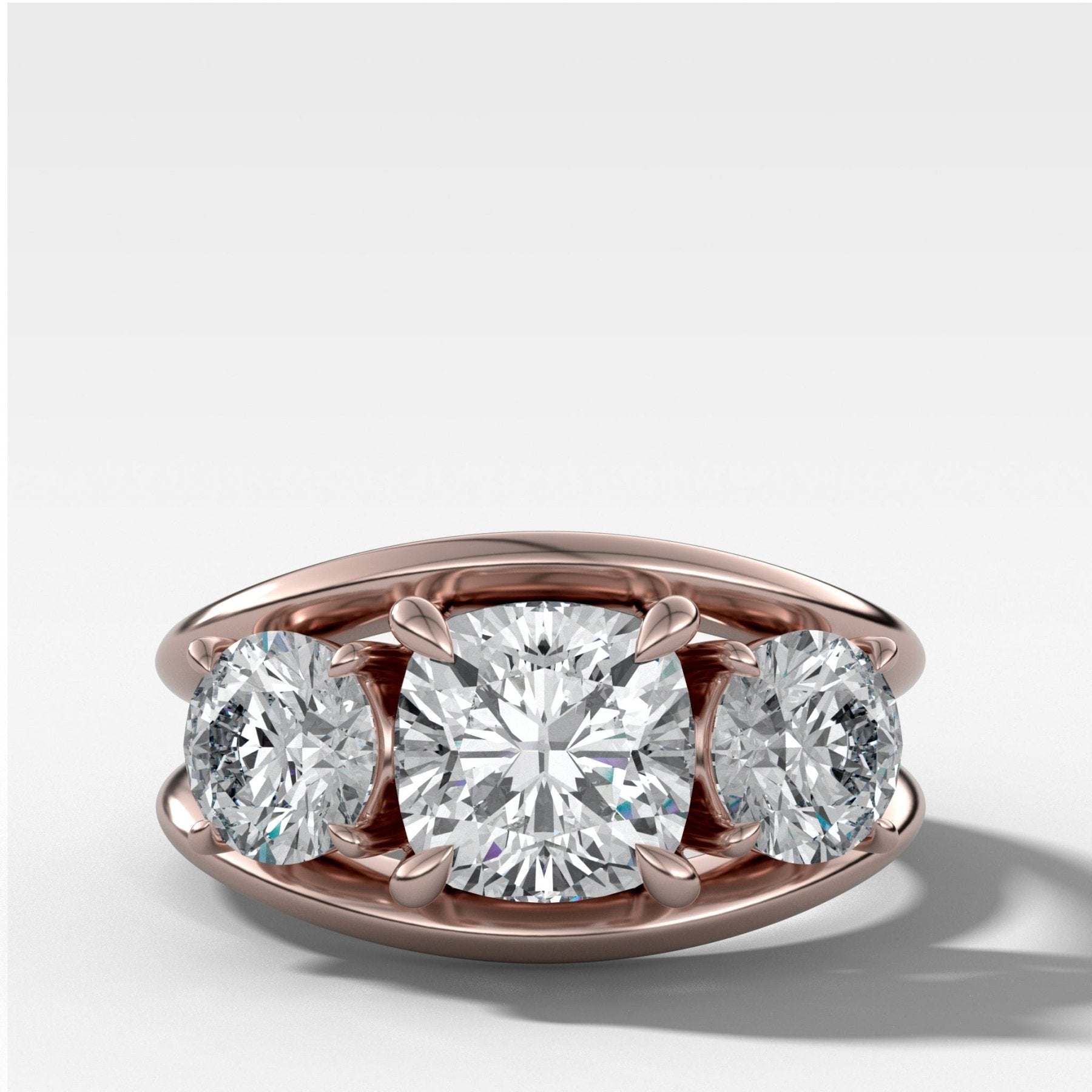 Split Channel Three Stone Engagement Ring With Square Cushion Cut Diamond
