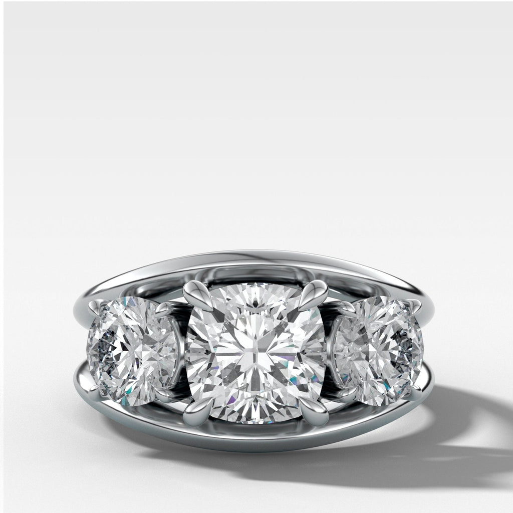 Split Channel Three Stone Engagement Ring With Square Cushion Cut Diamond