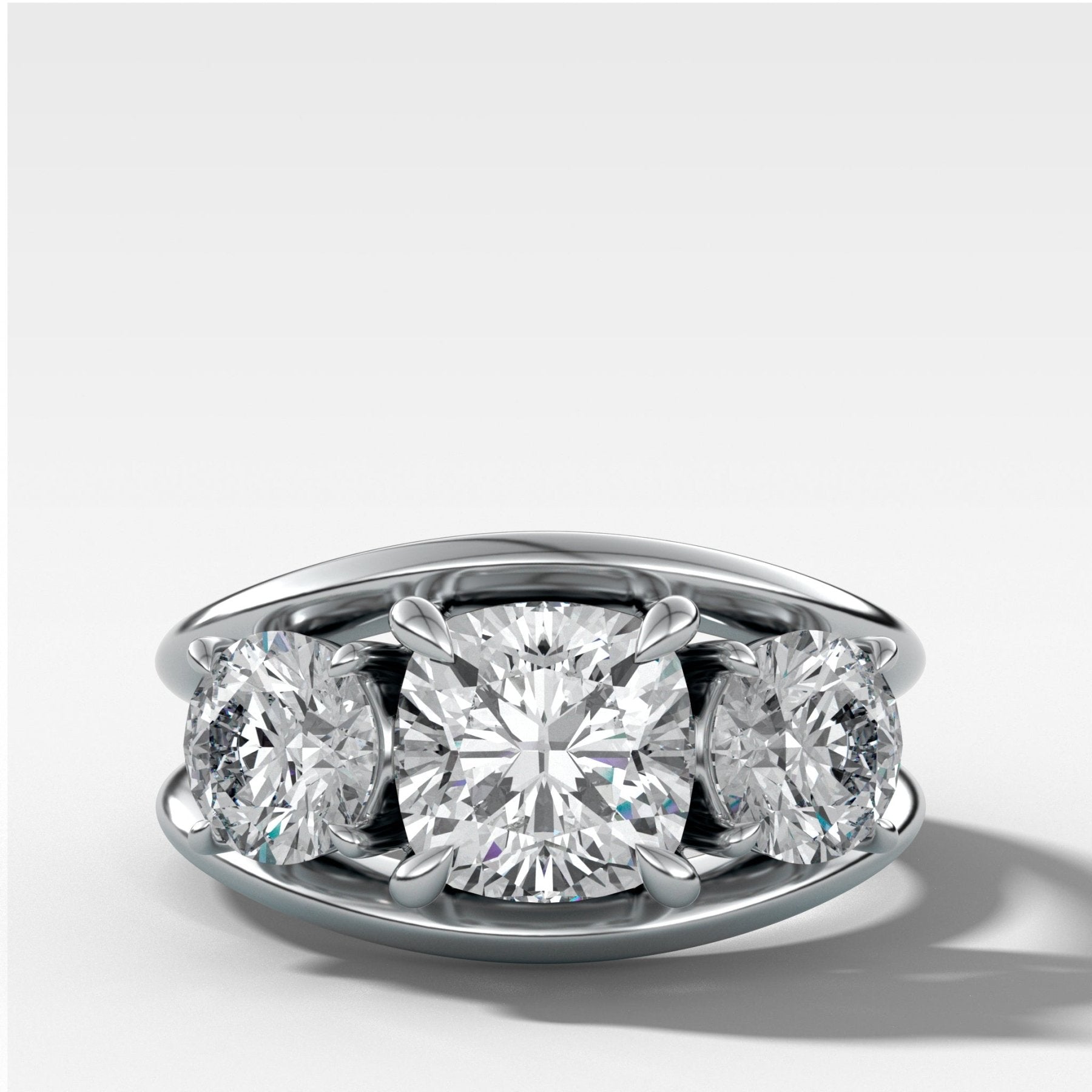 Split Channel Three Stone Engagement Ring With Square Cushion Cut Diamond