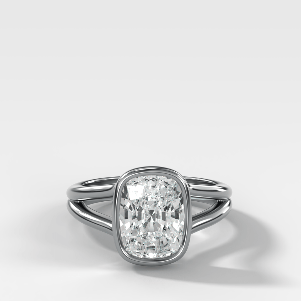 Split Shank Bezel Engagement Ring with Elongated Cushion Cut Diamond