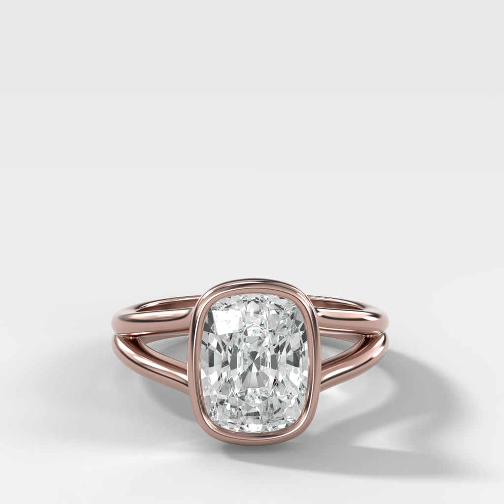 Split Shank Bezel Engagement Ring with Elongated Cushion Cut Diamond