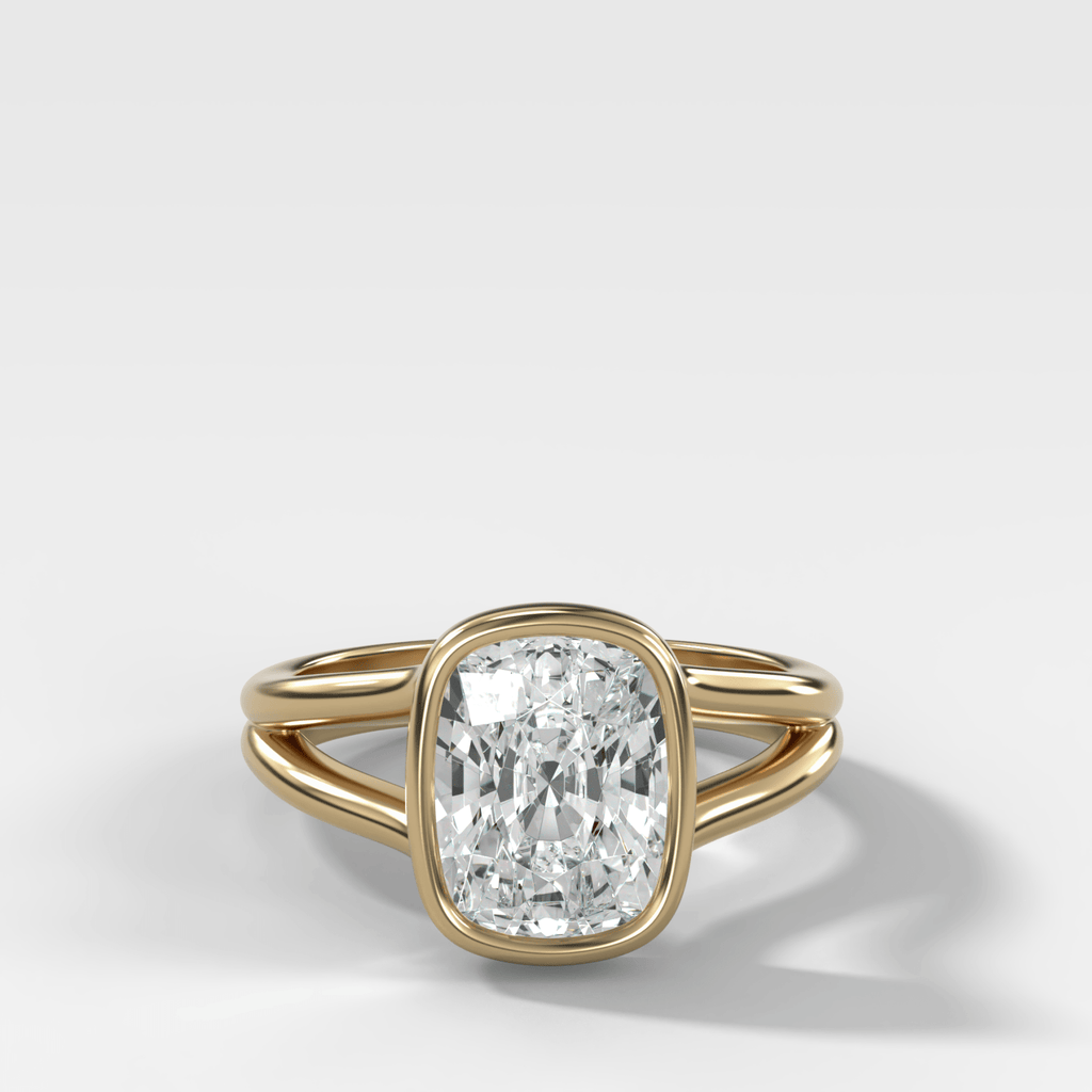 Split Shank Bezel Engagement Ring with Elongated Cushion Cut Diamond