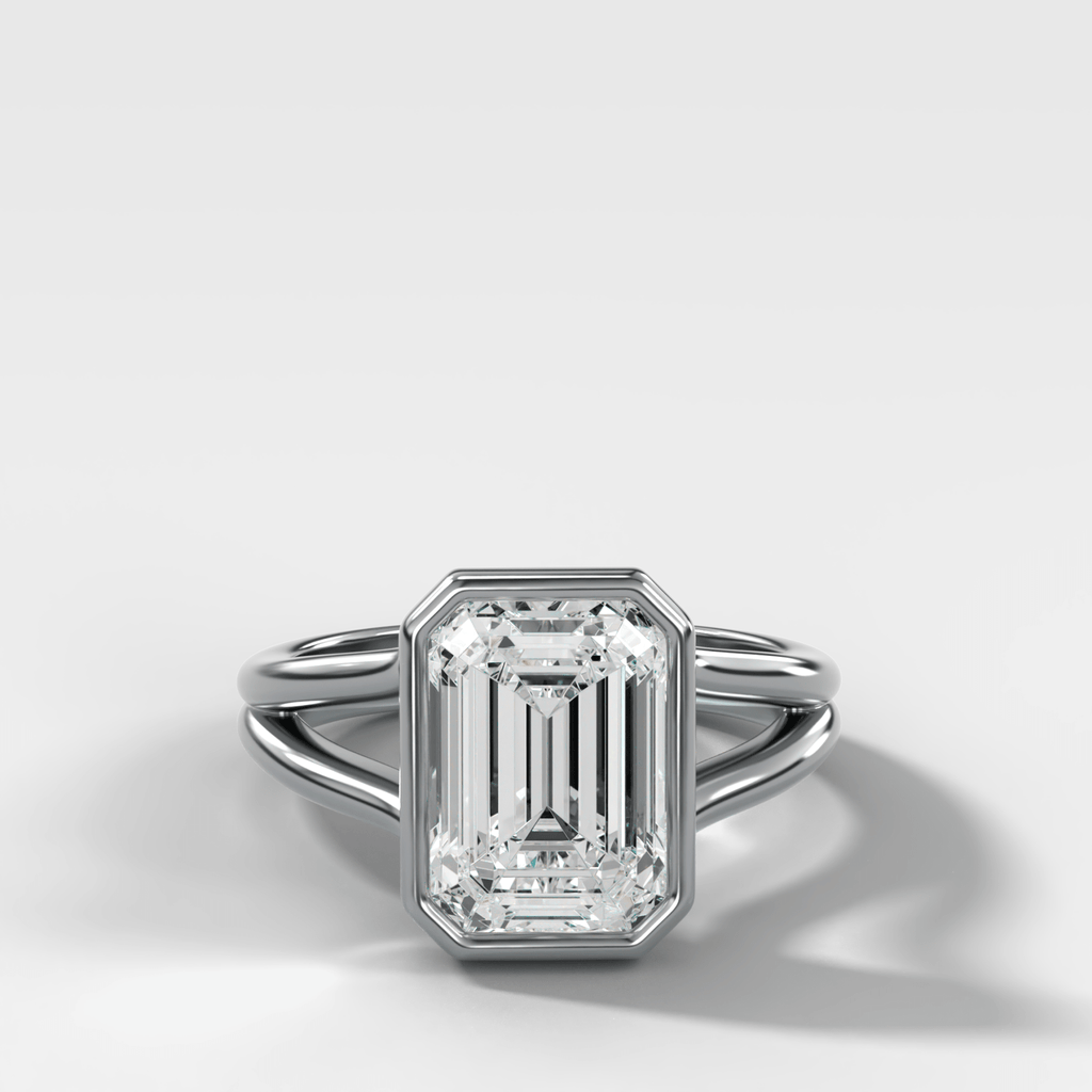 Split Shank Bezel Engagement Ring with Emerald Cut Diamond