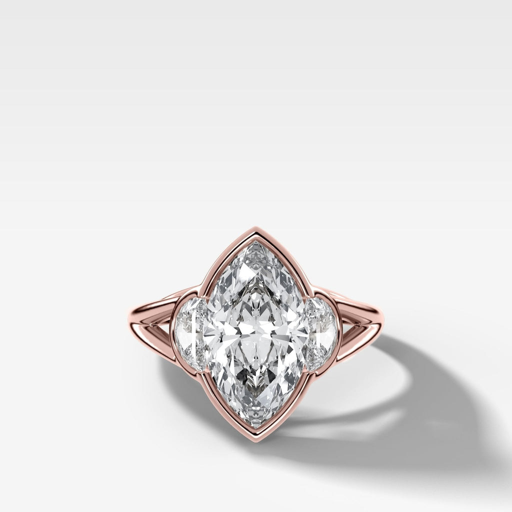 Split Shank Engagement Ring with Half Moon Side Stones and Marquise Cut Diamond