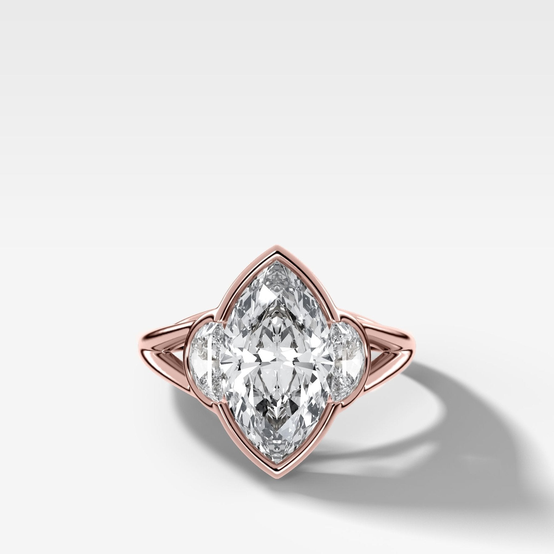 Split Shank Engagement Ring with Half Moon Side Stones and Marquise Cut Diamond