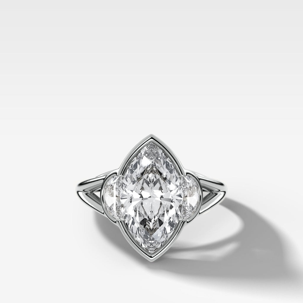 Split Shank Engagement Ring with Half Moon Side Stones and Marquise Cut Diamond