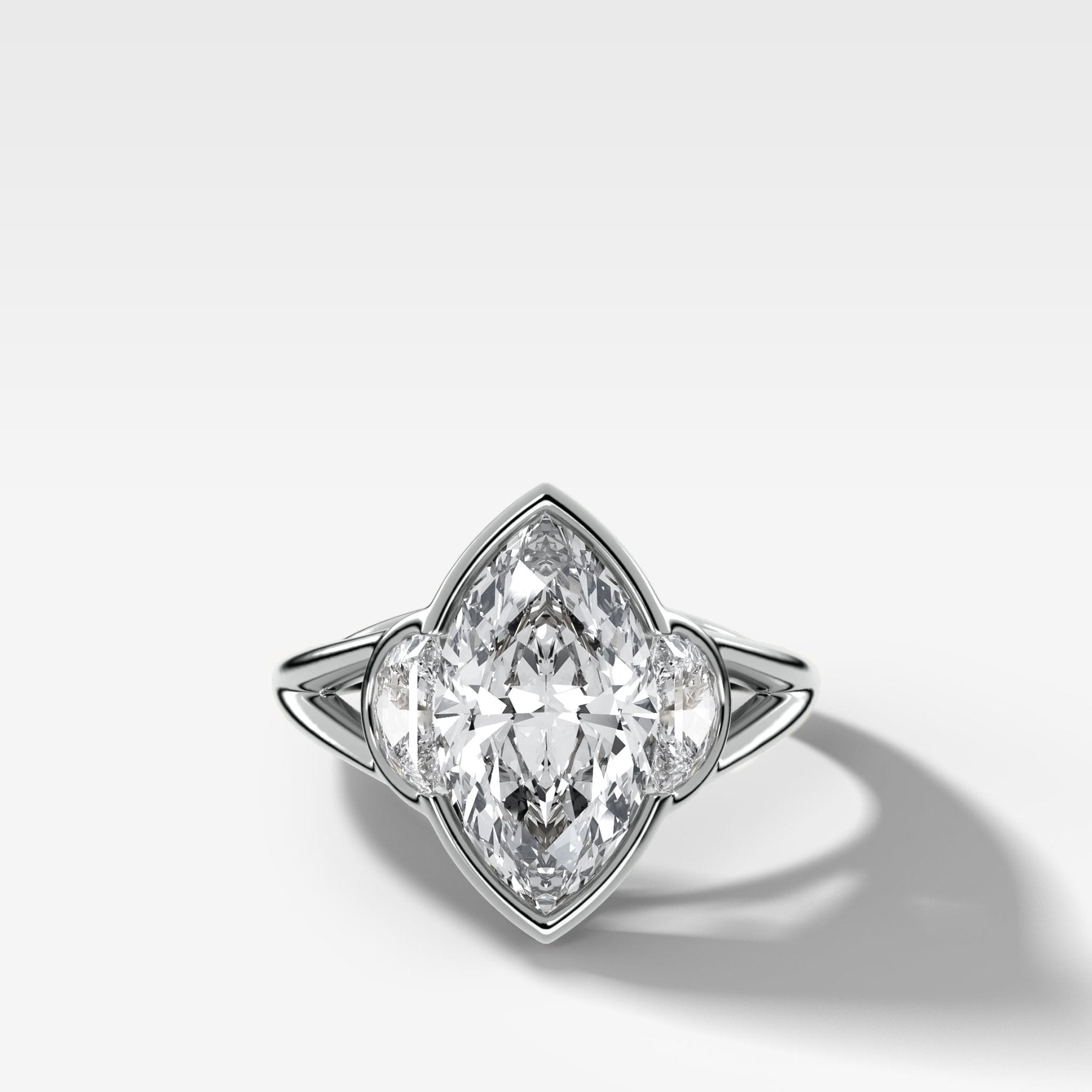 Split Shank Engagement Ring with Half Moon Side Stones and Marquise Cut Diamond