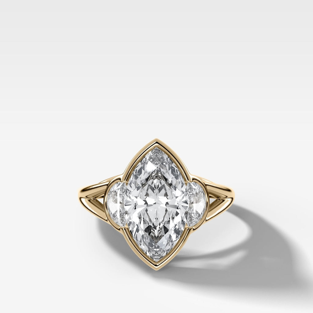 Split Shank Engagement Ring with Half Moon Side Stones and Marquise Cut Diamond