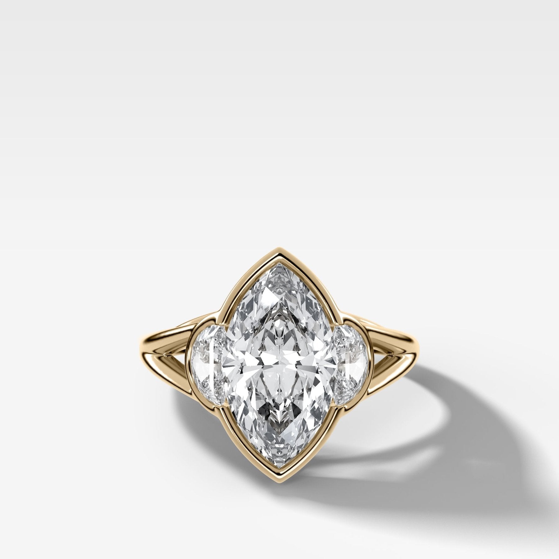 Split Shank Engagement Ring with Half Moon Side Stones and Marquise Cut Diamond
