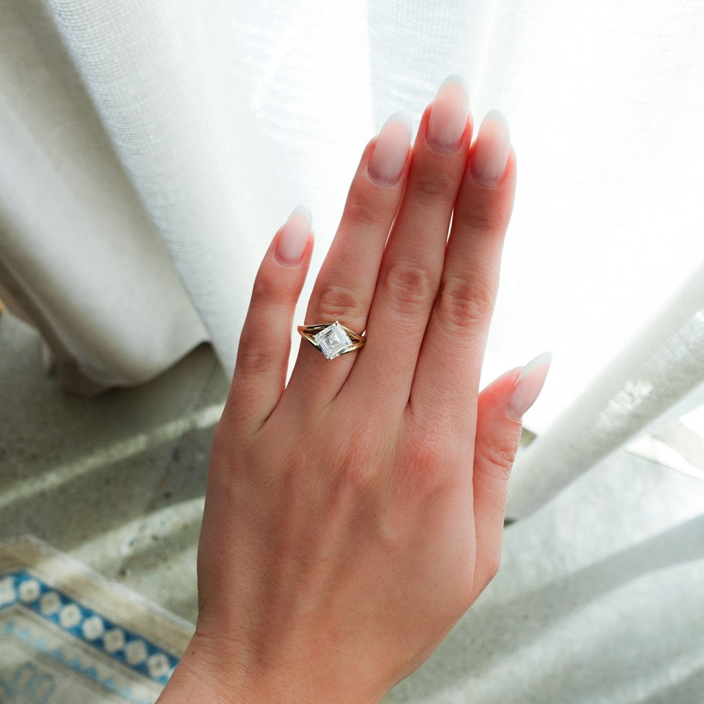Split Shank Solitaire Engagement Ring with Tilted Lab Grown 3.08ct Asscher Cut Diamond