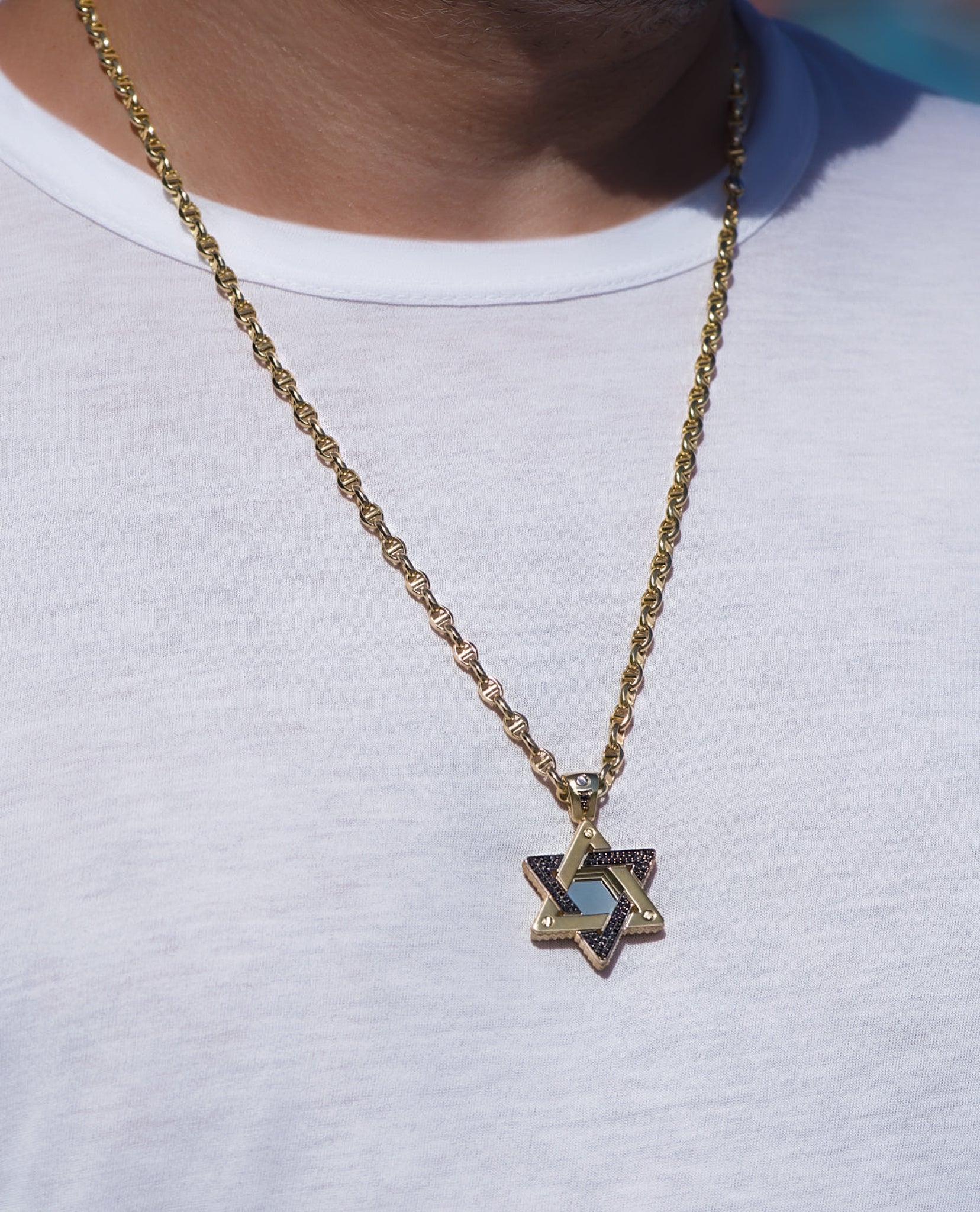 STAR OF DAVID Two-Tone Gold Pendant with 0.45ct Black Diamonds