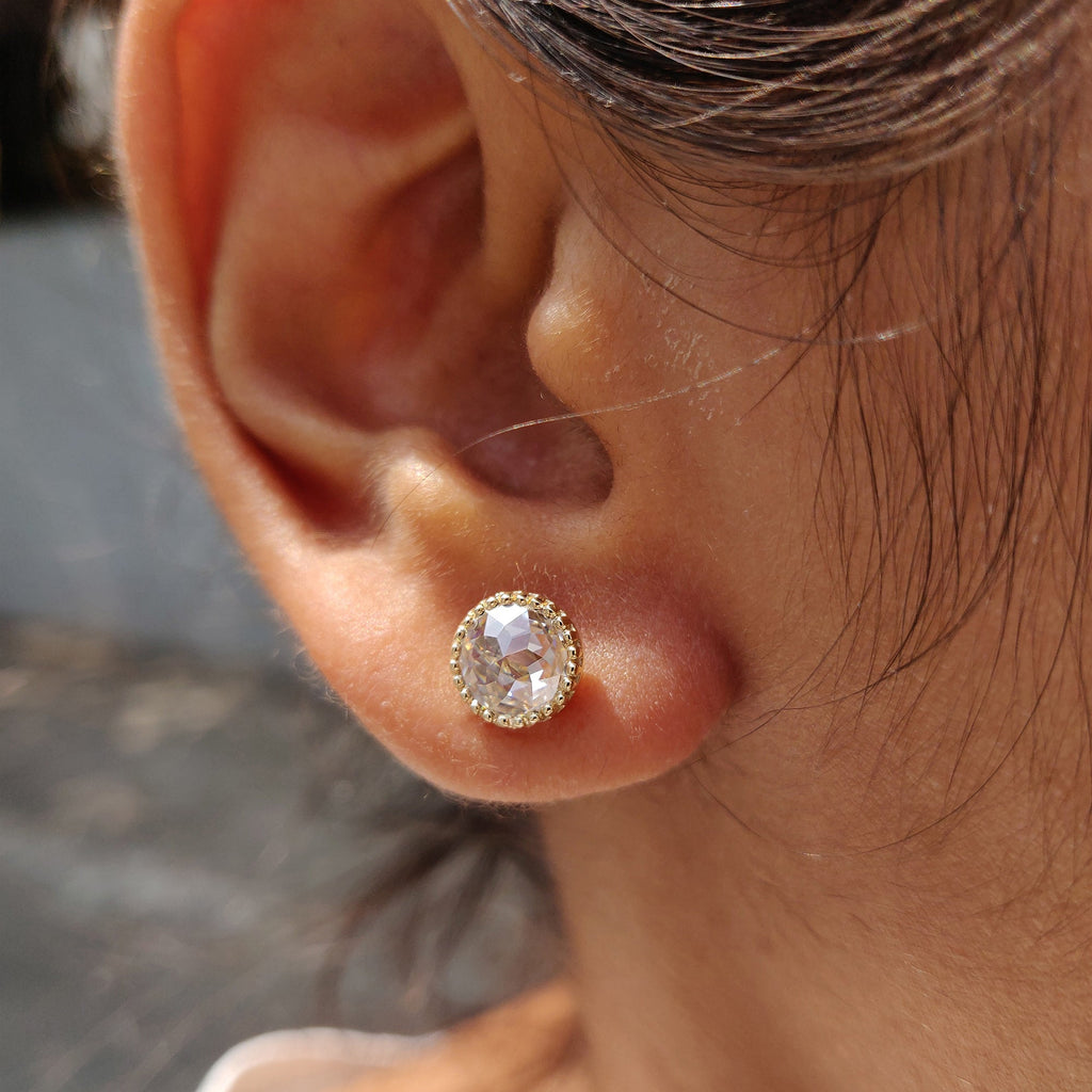 Round Rose Cut Moissanite Earrings In Milgrain Setting