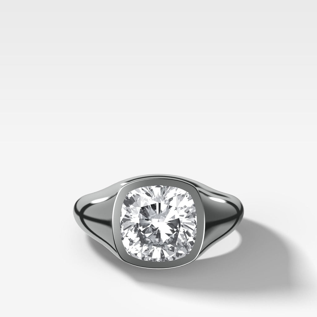 Tapered Bezel Signet Engagement Ring with Cushion Cut Diamond