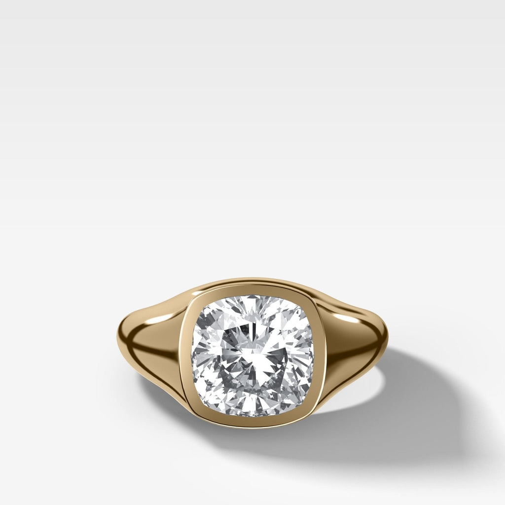 Tapered Bezel Signet Engagement Ring with Cushion Cut Diamond
