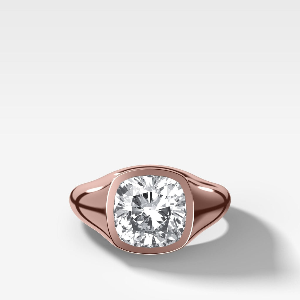 Tapered Bezel Signet Engagement Ring with Cushion Cut Diamond