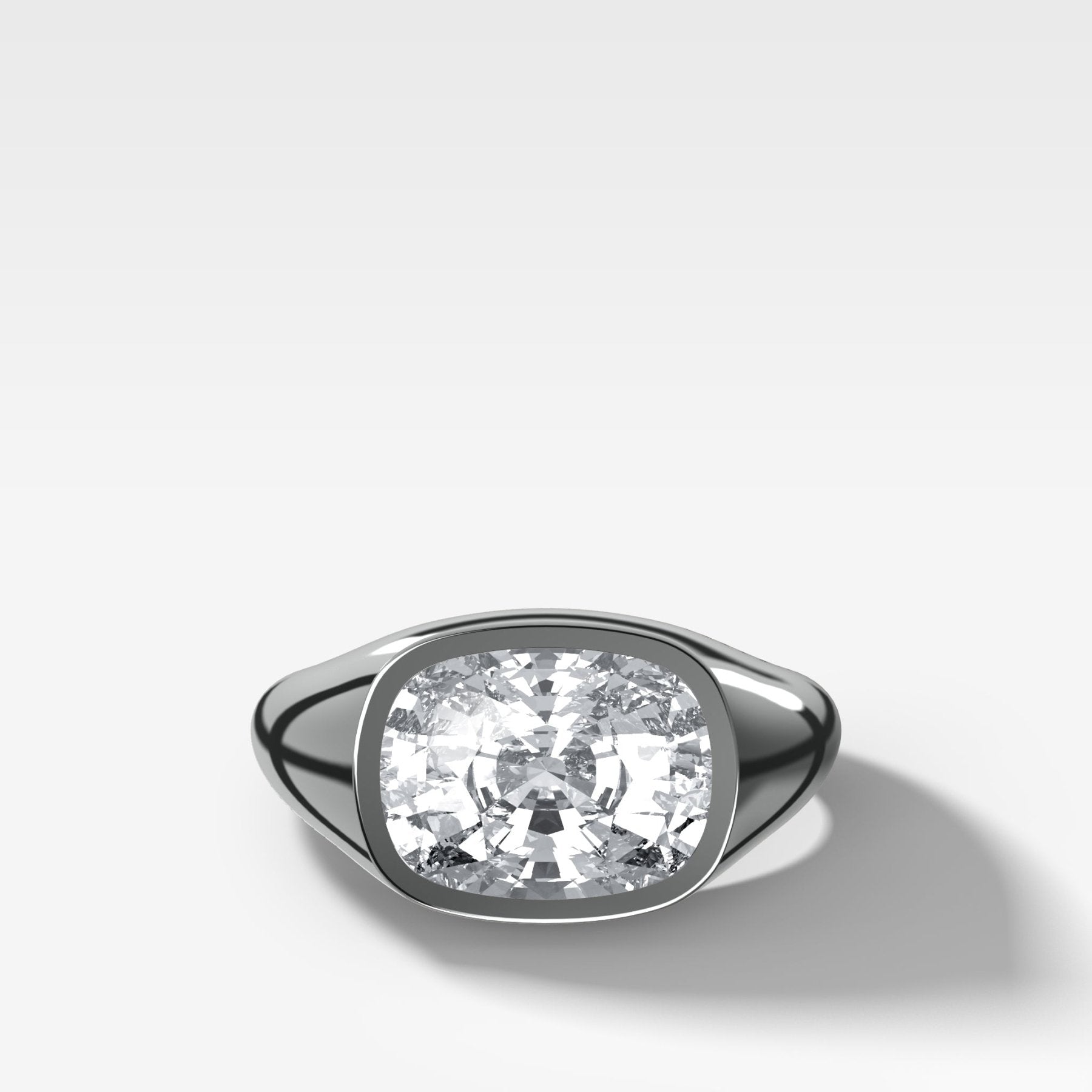 Tapered Bezel Signet Engagement Ring with East West Elongated Cushion Cut Diamond