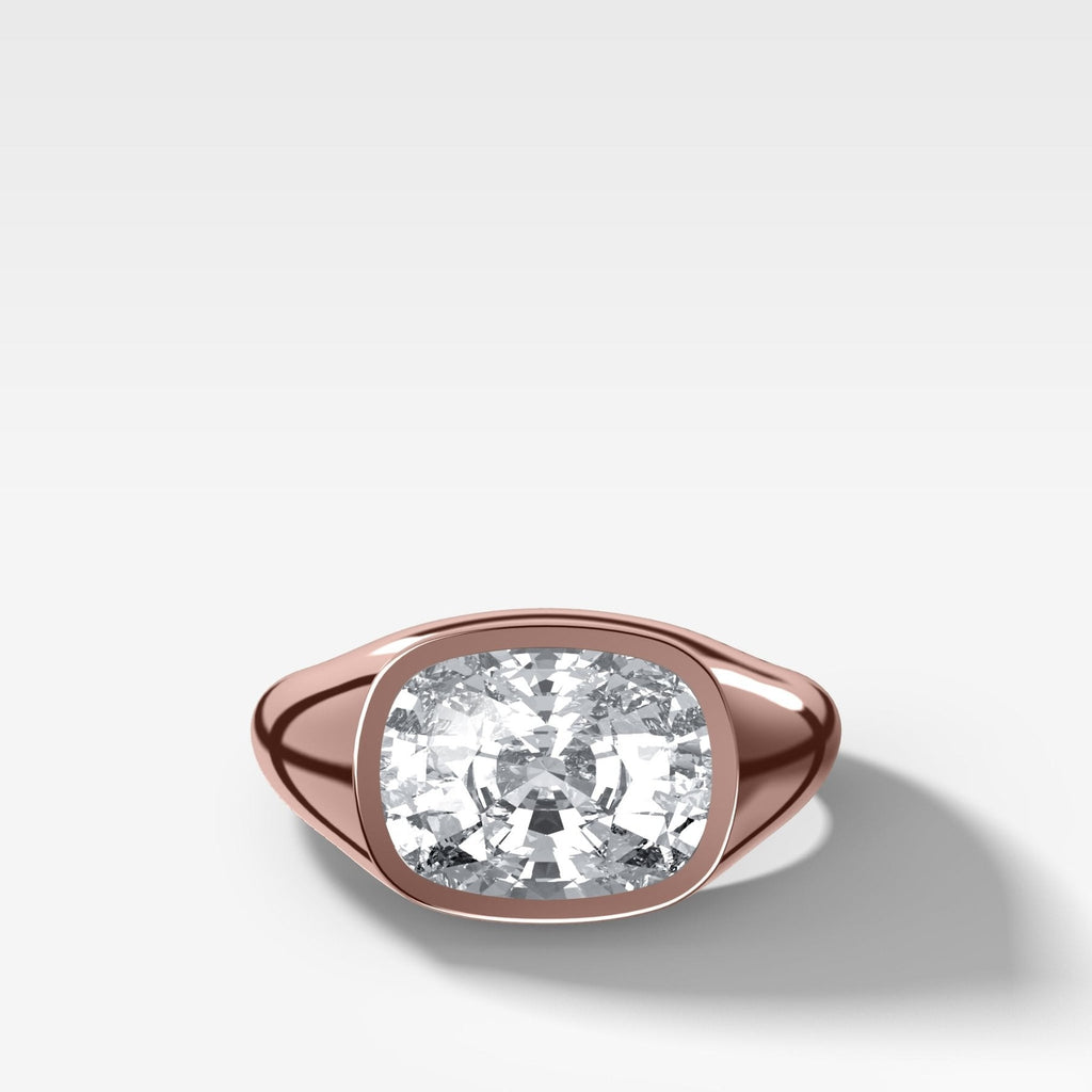 Tapered Bezel Signet Engagement Ring with East West Elongated Cushion Cut Diamond