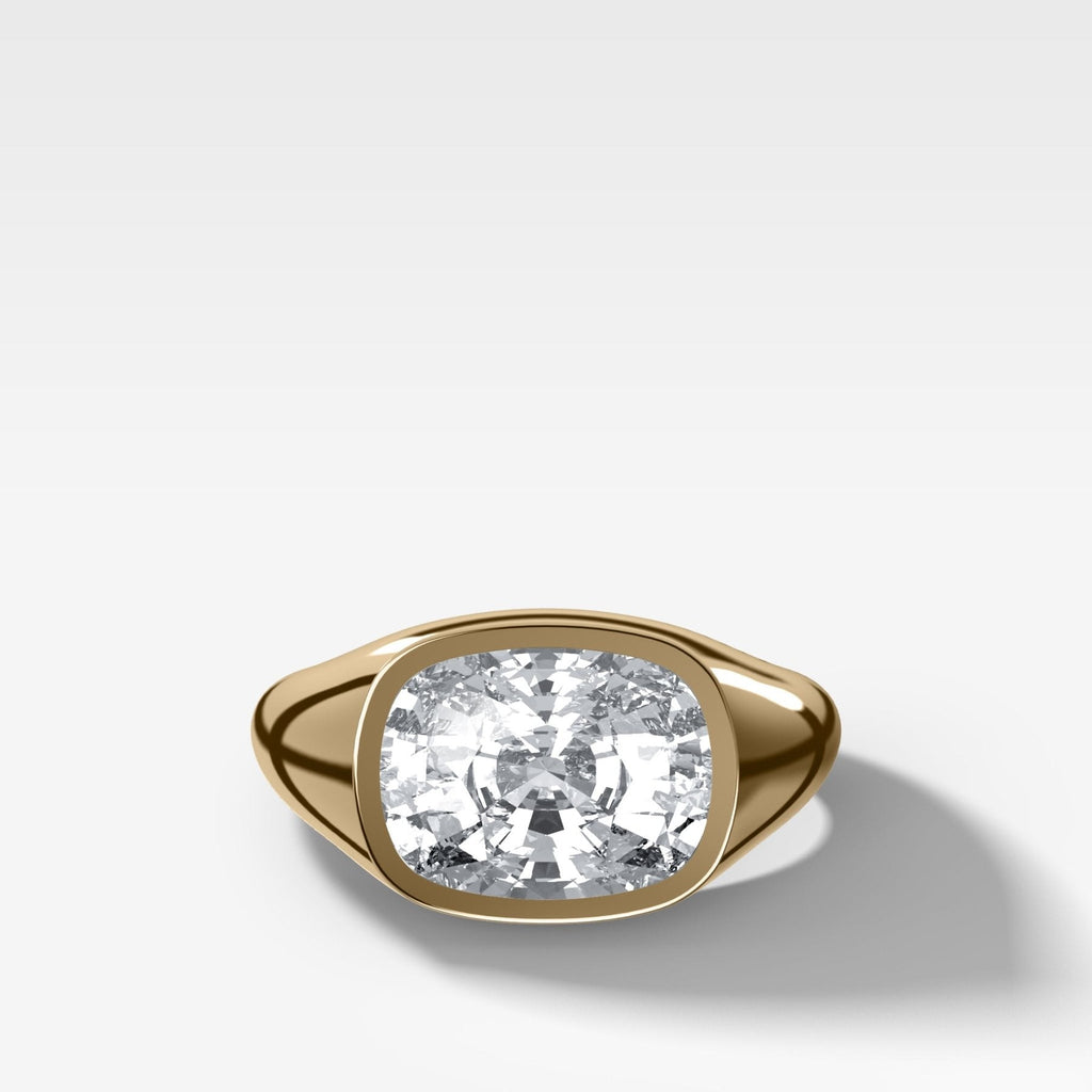 Tapered Bezel Signet Engagement Ring with East West Elongated Cushion Cut Diamond