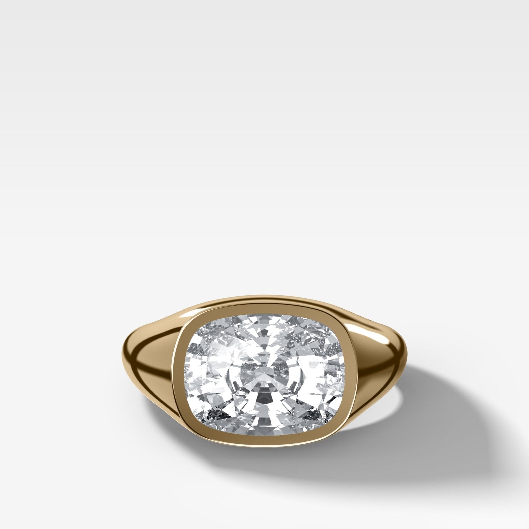 Tapered Bezel Signet Engagement Ring with East West Elongated Cushion Cut Diamond