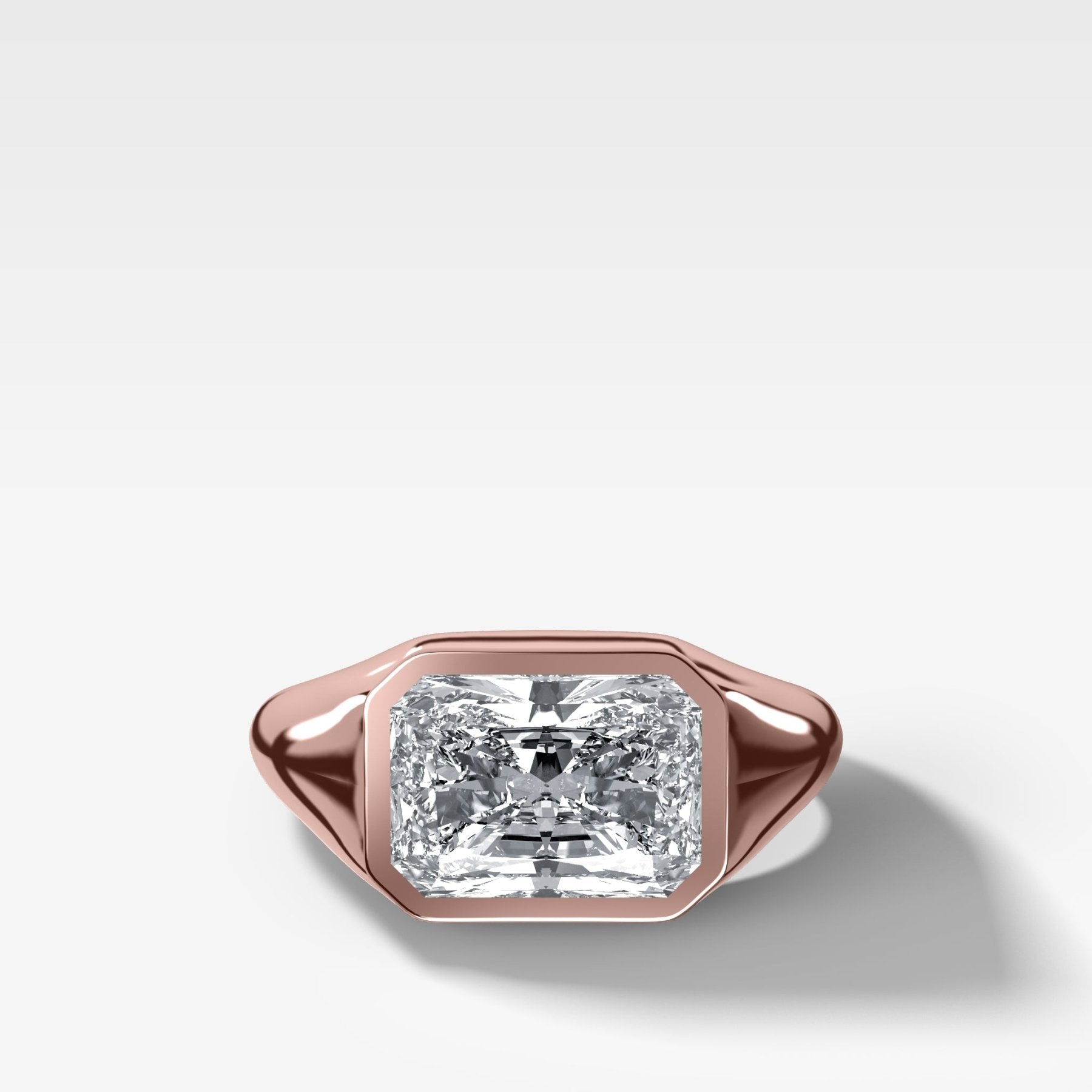 Tapered Bezel Signet Engagement Ring with East West Elongated Radiant Cut Diamond