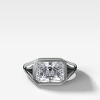 Tapered Bezel Signet Engagement Ring with East West Elongated Radiant Cut Diamond