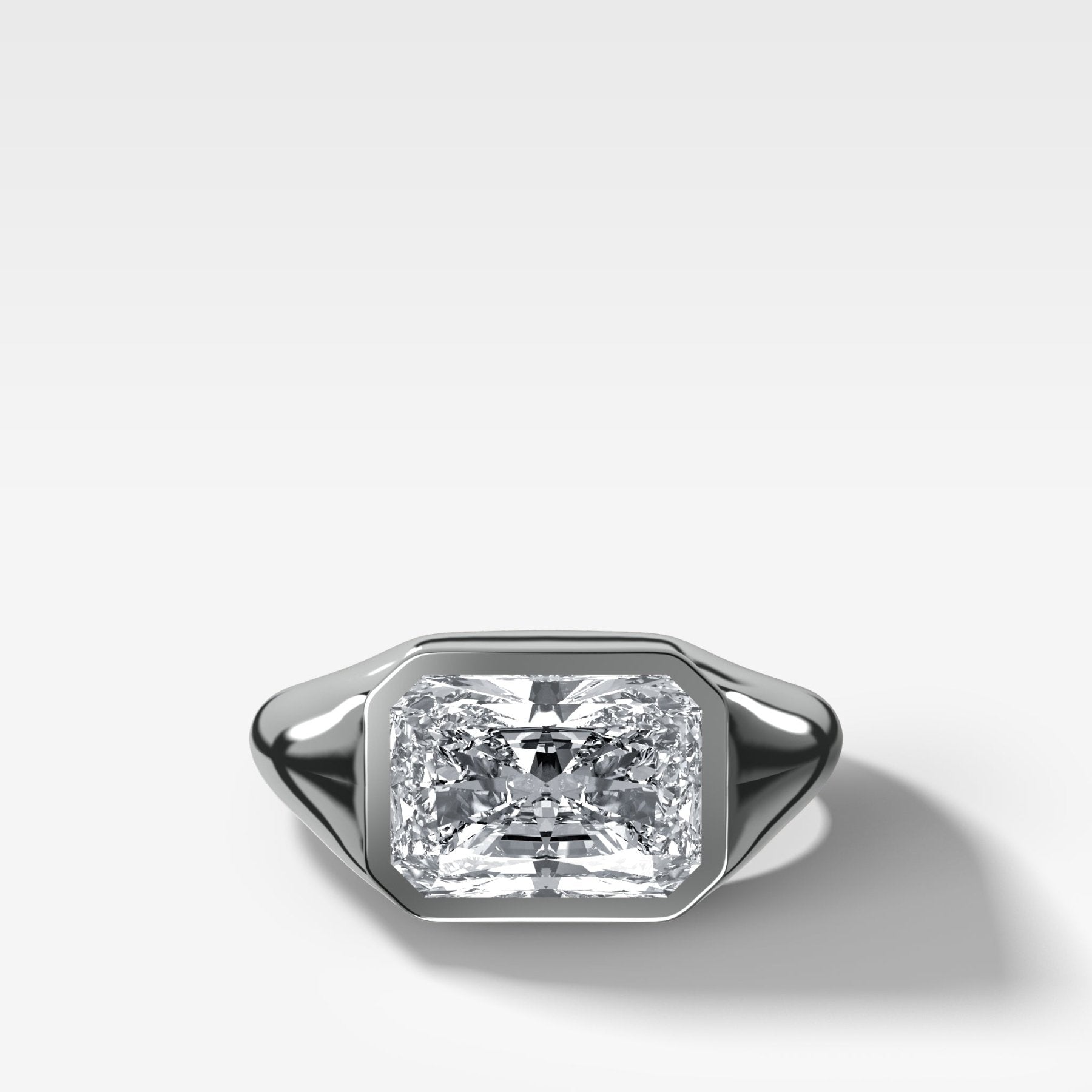 Tapered Bezel Signet Engagement Ring with East West Elongated Radiant Cut Diamond