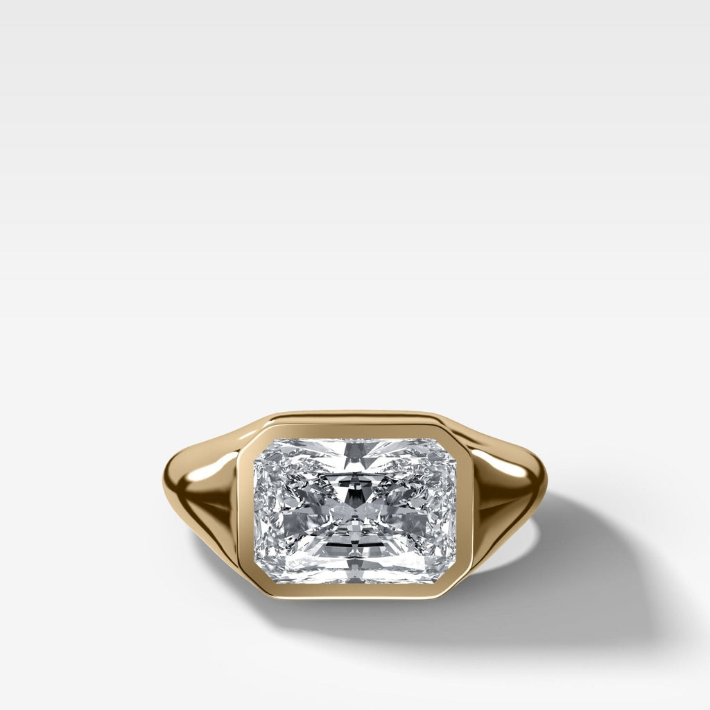 Tapered Bezel Signet Engagement Ring with East West Elongated Radiant Cut Diamond