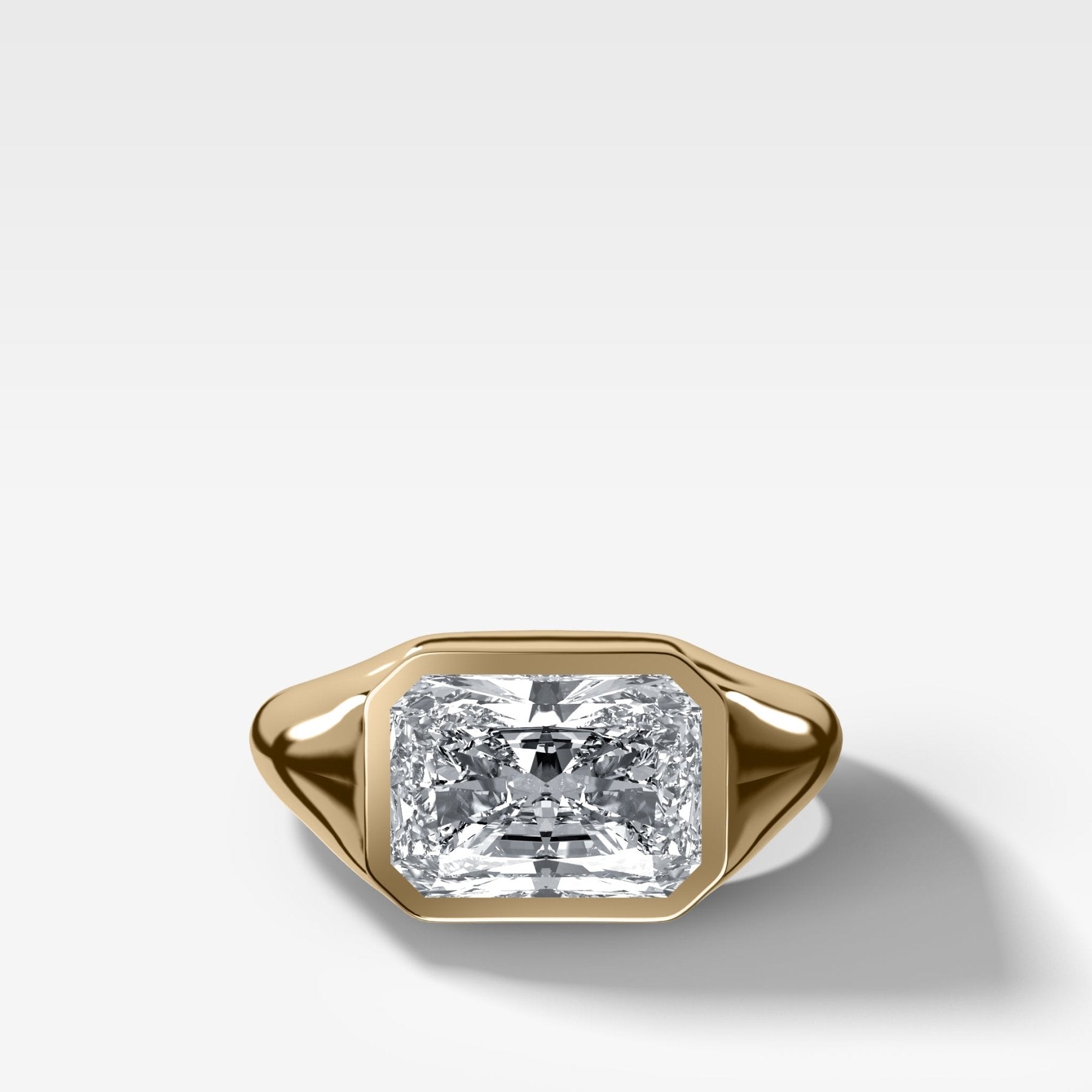 Tapered Bezel Signet Engagement Ring with East West Elongated Radiant Cut Diamond