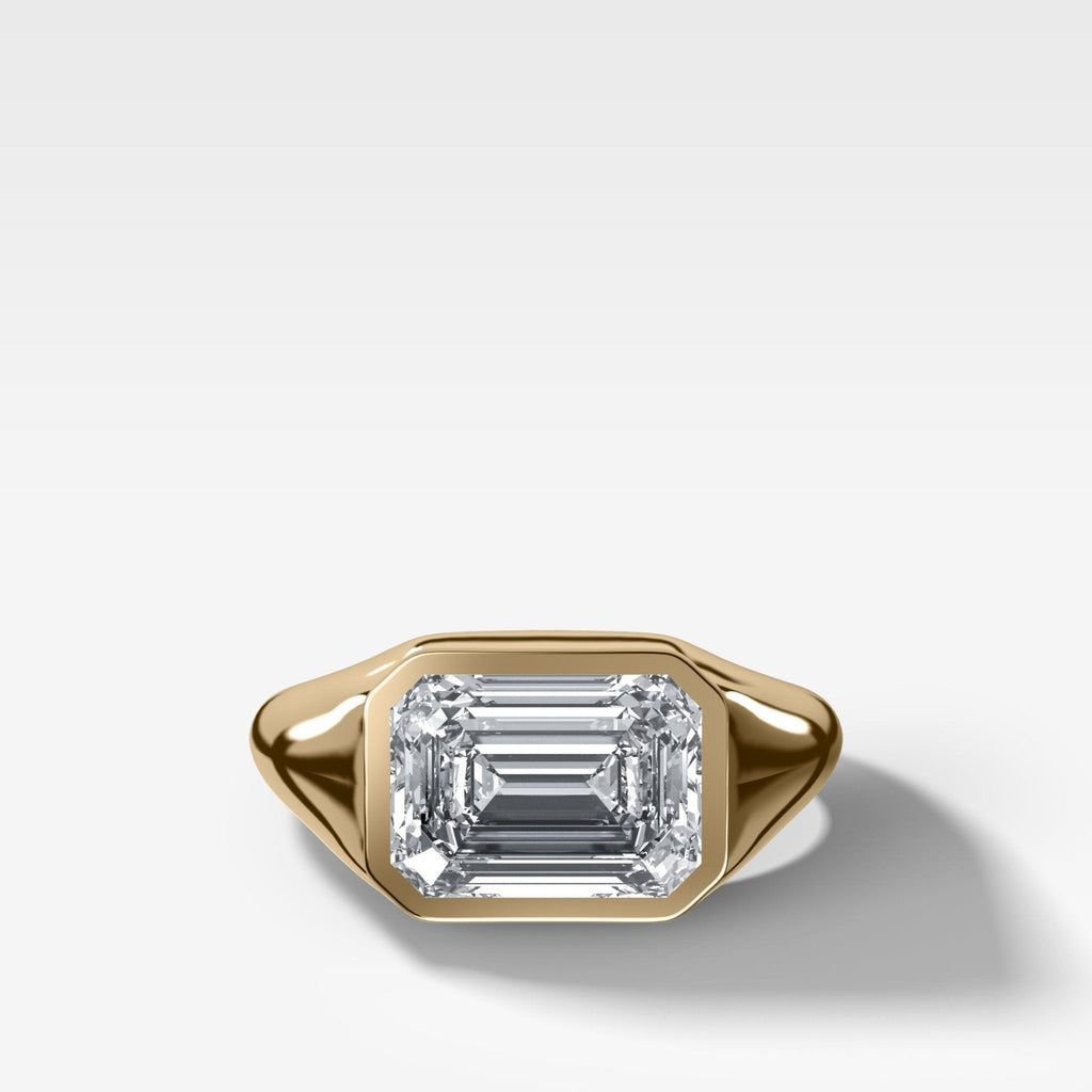 Tapered Bezel Signet Engagement Ring with East West Emerald Cut Diamond