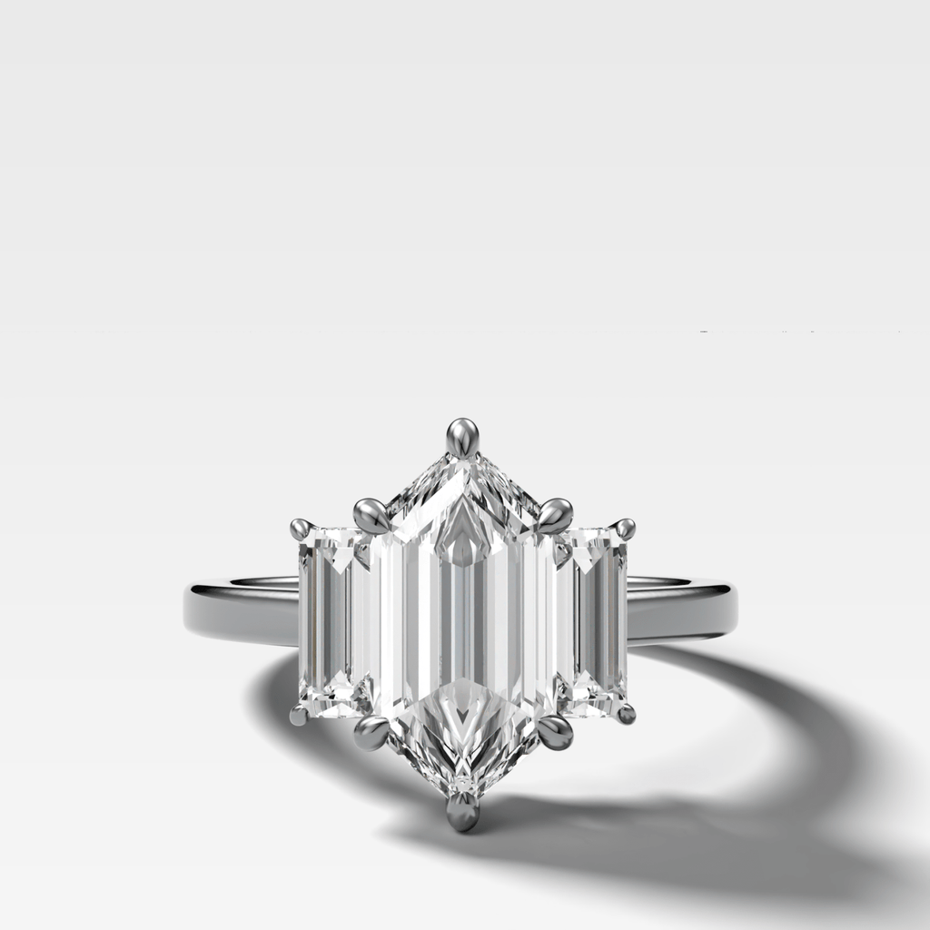 Three Stone Engagement Ring with Baguette Side Stones and Dutch Marquise Cut Diamond