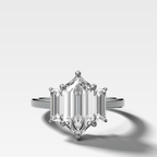 Three Stone Engagement Ring with Baguette Side Stones and Dutch Marquise Cut Diamond