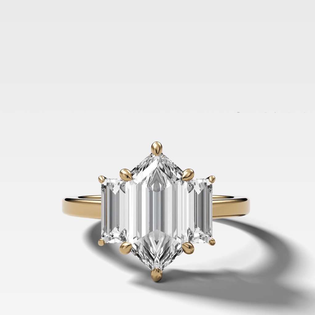 Three Stone Engagement Ring with Baguette Side Stones and Dutch Marquise Cut Diamond
