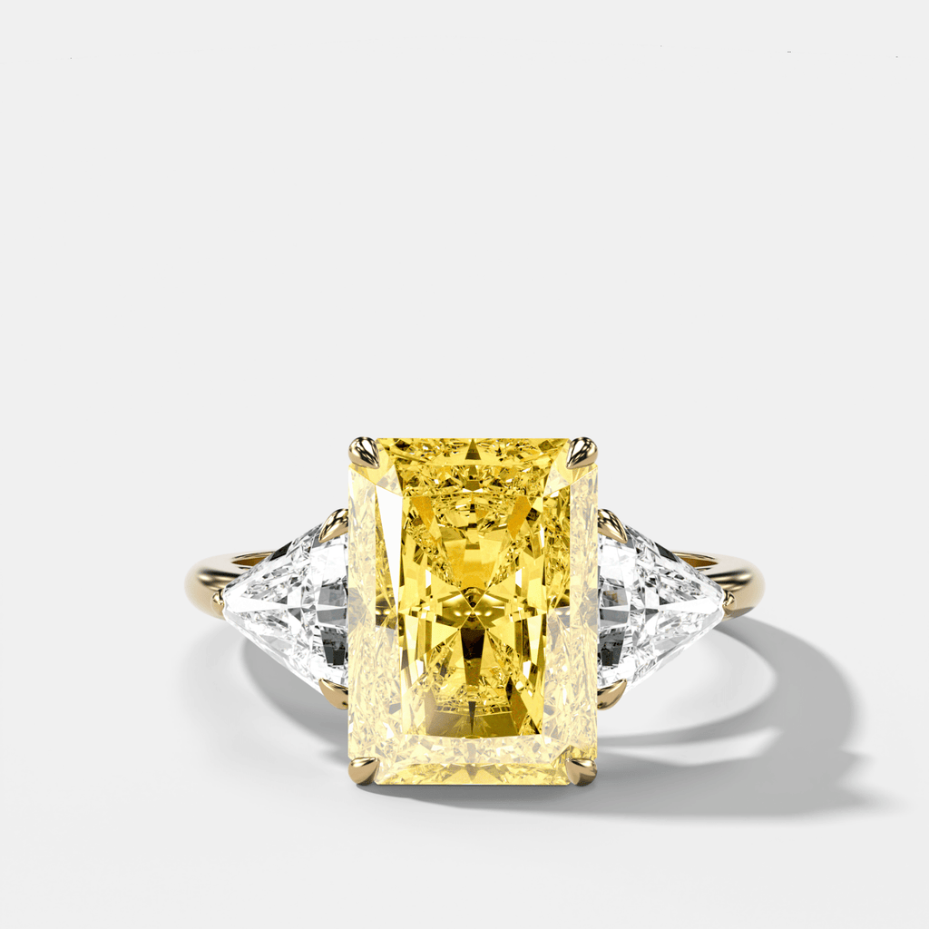 Three Stone Engagement Ring With Canary Yellow Elongated Radiant Diamond and Trilliants