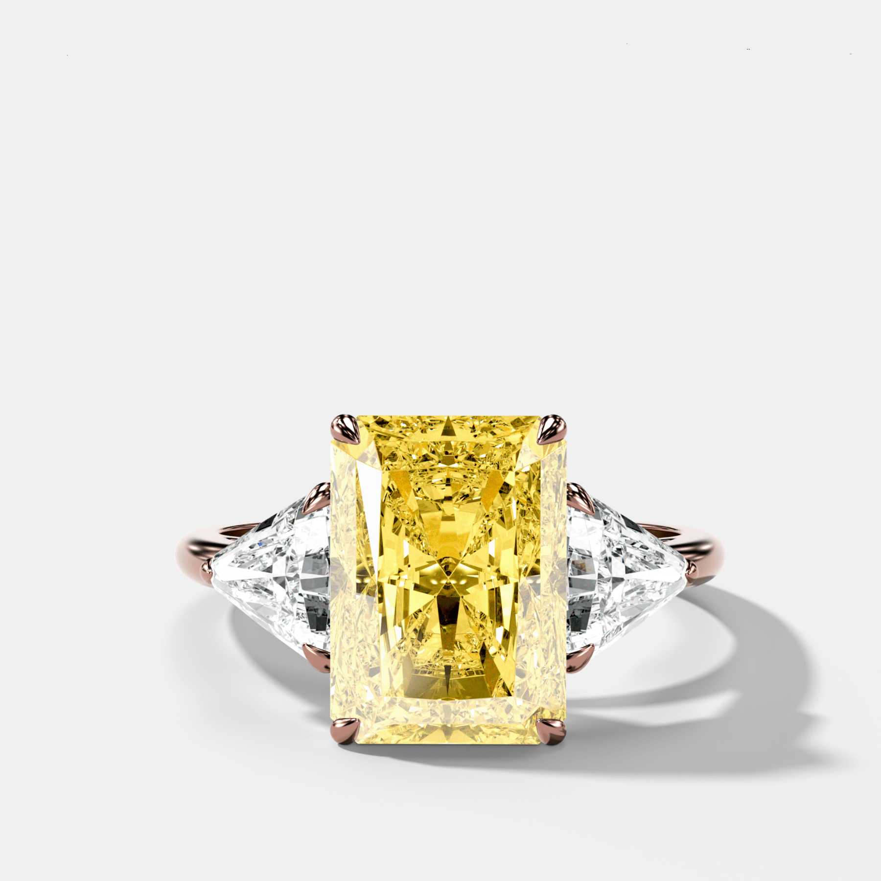 Three Stone Engagement Ring With Canary Yellow Elongated Radiant Diamond and Trilliants