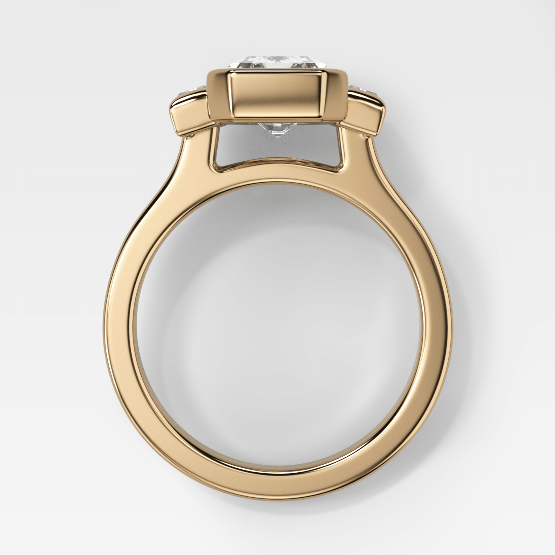 Three Stone Engagement Ring with Half Bezel Baguette Side Stones and Emerald Cut Diamond
