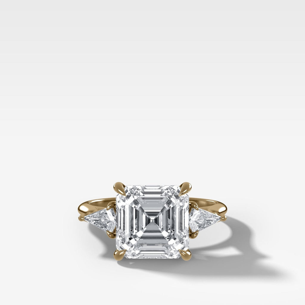 Three Stone Engagement Ring With Kite Side Stones and Asscher Cut Diamond