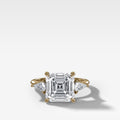 Three Stone Engagement Ring With Kite Side Stones and Asscher Cut Diamond