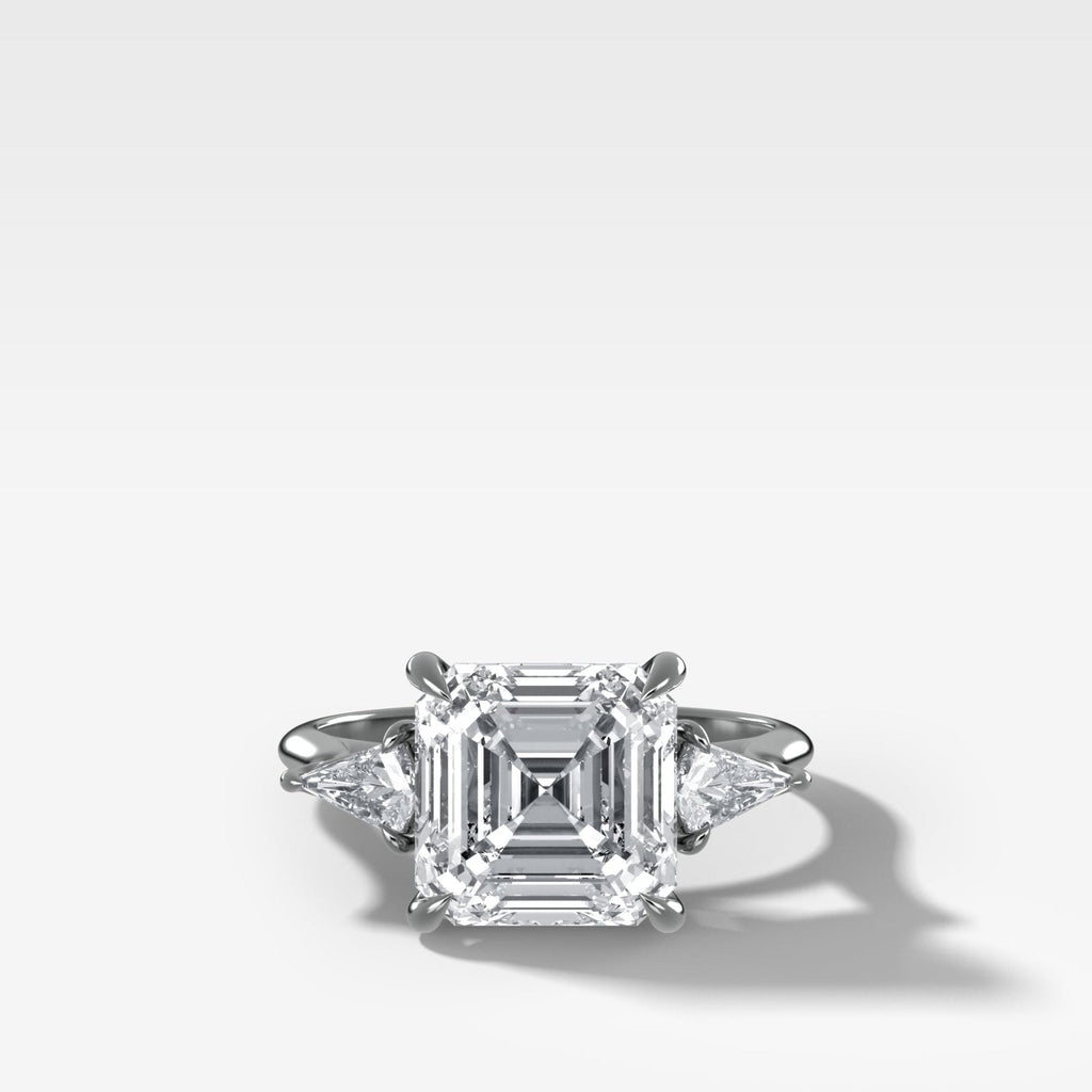 Three Stone Engagement Ring With Kite Side Stones and Asscher Cut Diamond