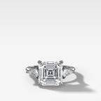 Three Stone Engagement Ring With Kite Side Stones and Asscher Cut Diamond