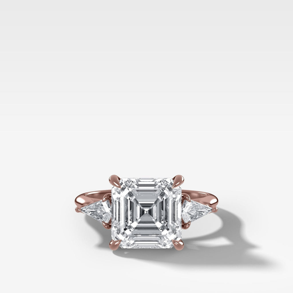 Three Stone Engagement Ring With Kite Side Stones and Asscher Cut Diamond